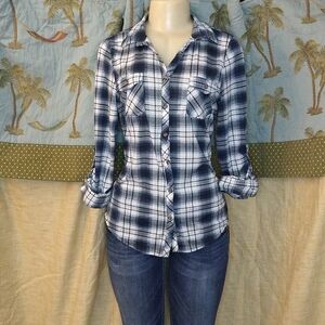 **Passport blue plaid size large button-up shirt**